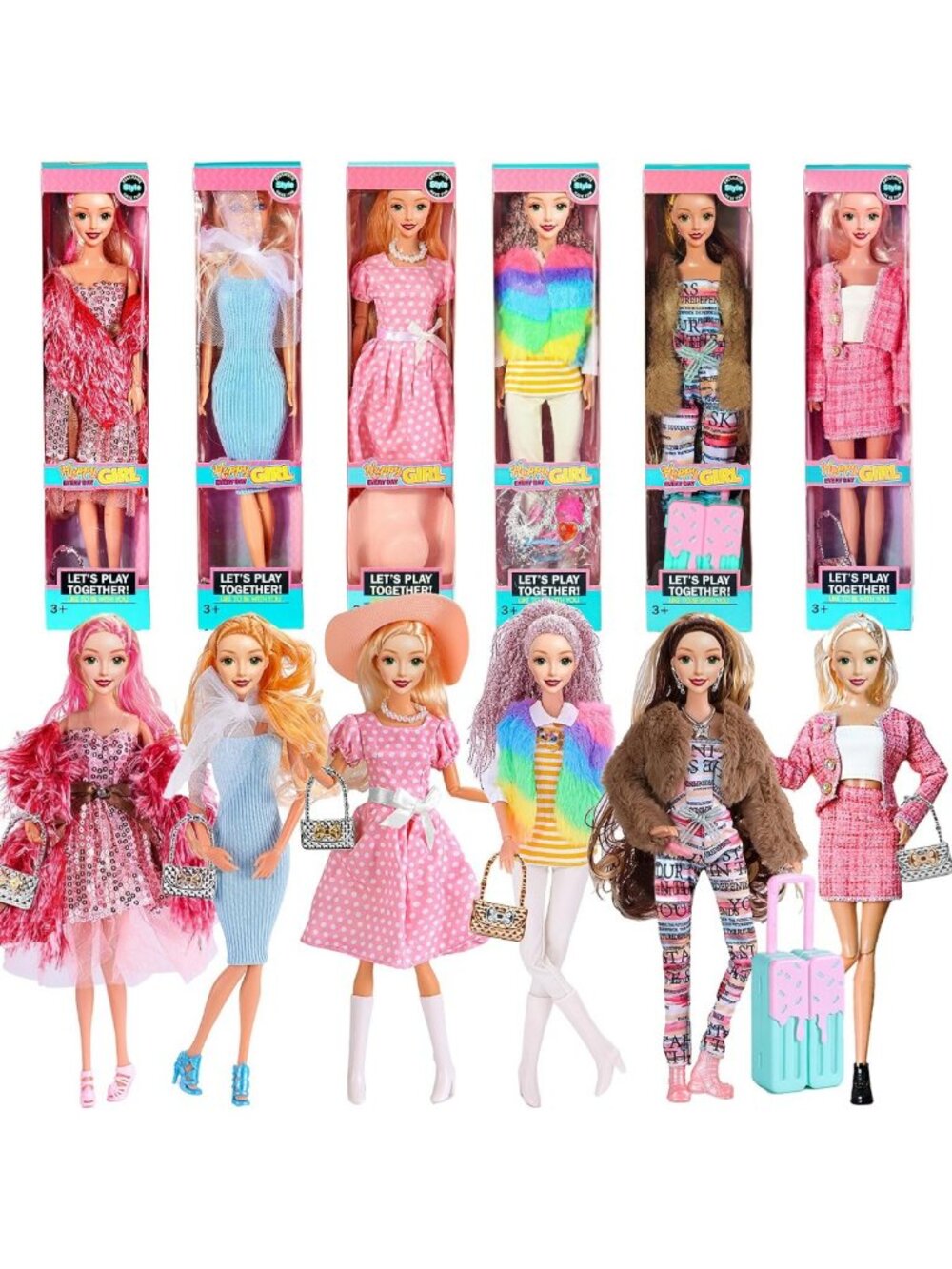 6 Pack 11.5" Fashion Princess Dolls Playset with Outfits, Accessories & Gift Box